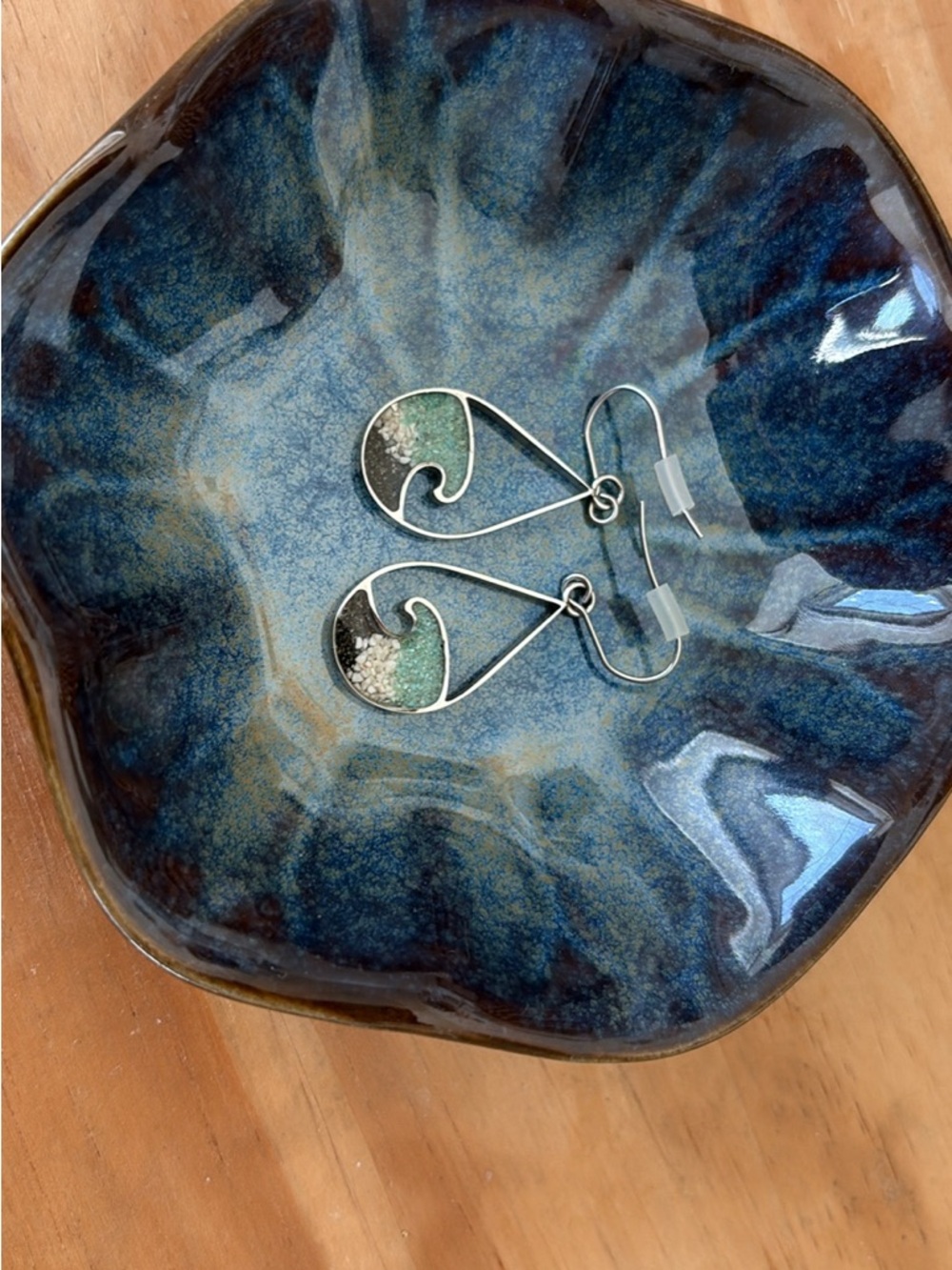 Handcrafted Silver Ocean Wave Earrings with Green and Black Sand